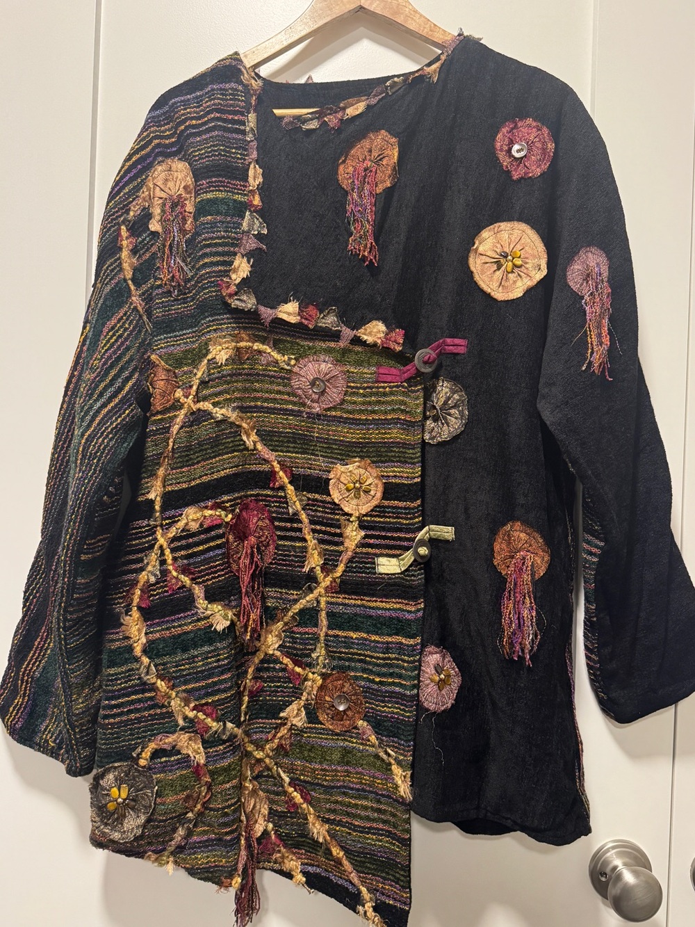 Vtg YAK MAGIK 90s Scrapplique Slouchy Jacket XL Art To Wear Asymmetrical Boho